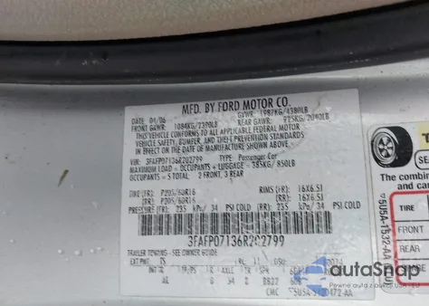 2006 Ford Fusion Se из США, поврежденный, VIN 3FAFP07136R202799